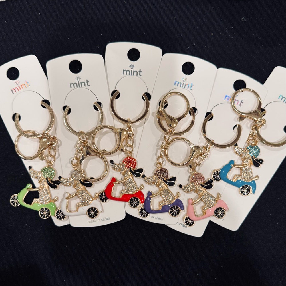 BAG CHARM Mint Gold and White Dog On Scooter Keychain - Picture 7 of 10